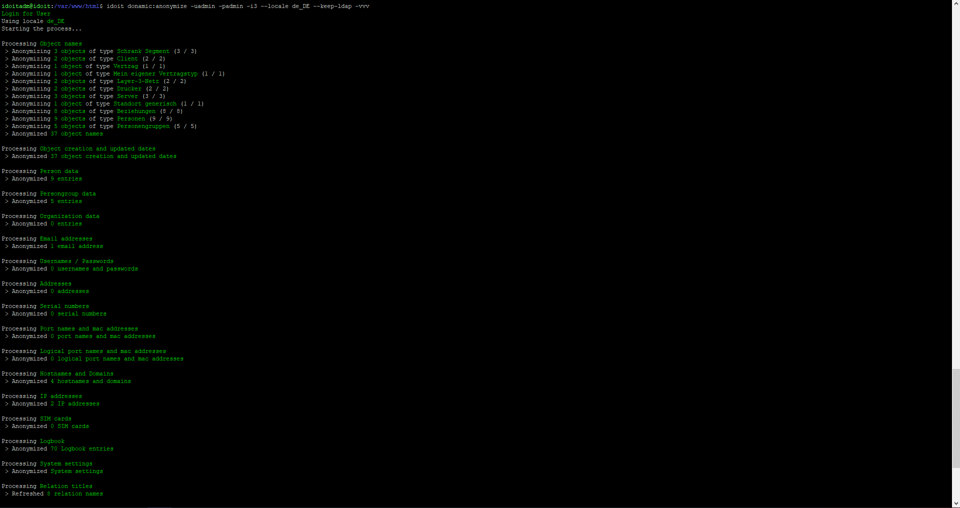 i-doit Anonymisierung Add-on — Console-Ausgabe bei der Anonymisierung