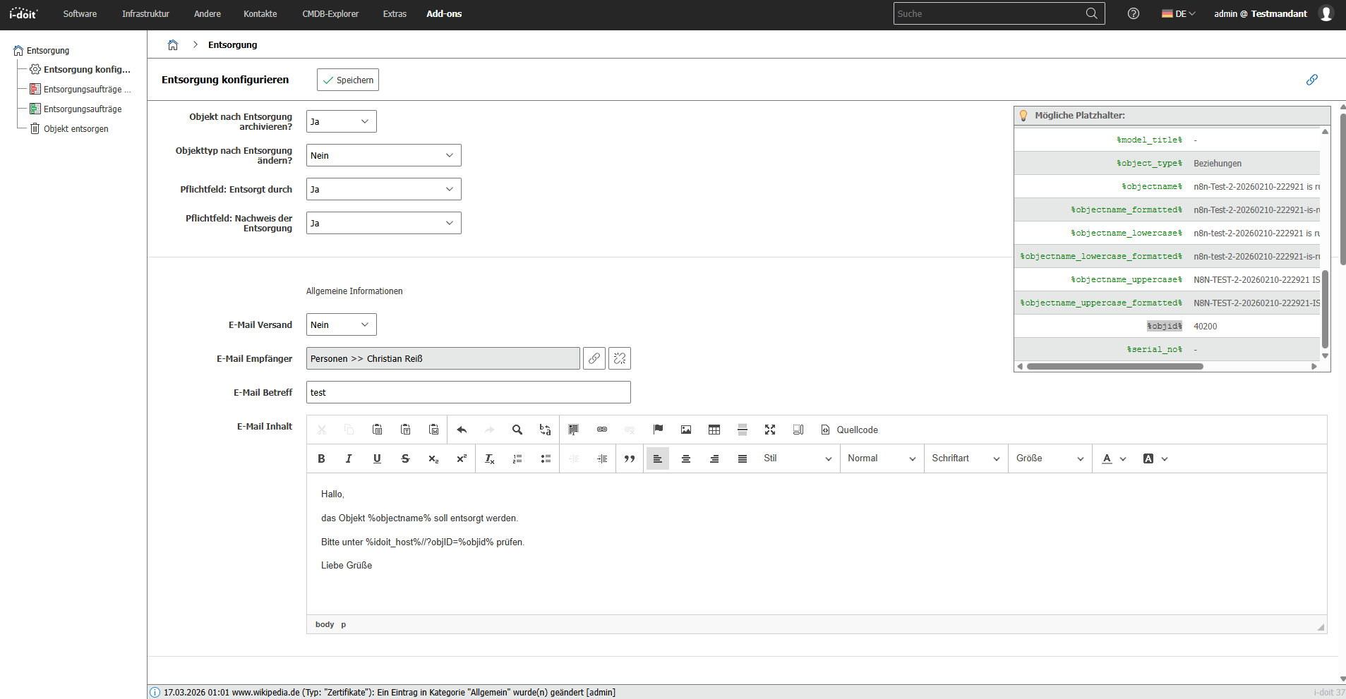 i-doit Entsorgung Add-on — Konfiguration mit E-Mail-Templates und Pflichtfeldern