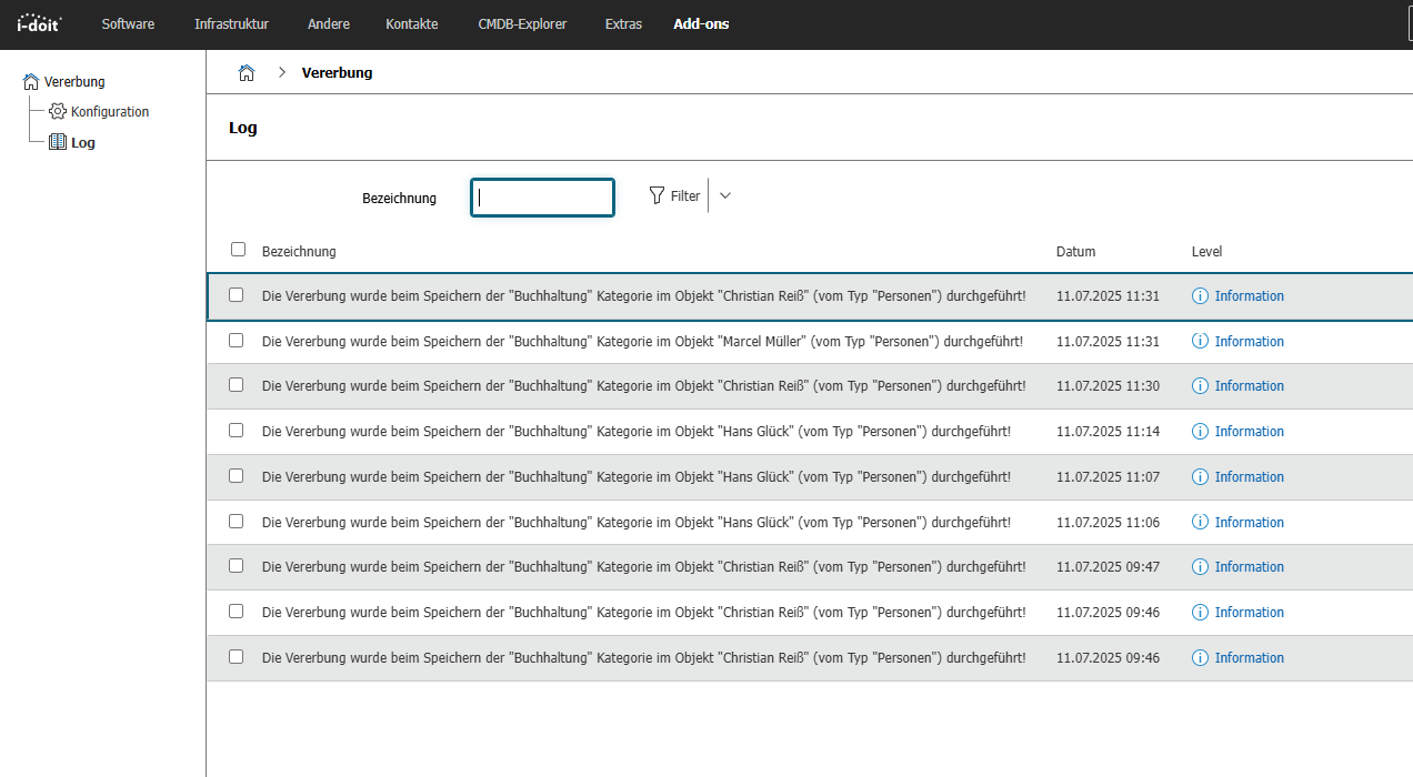 i-doit Vererbung Add-on — Vererbungslog mit allen Ausführungen