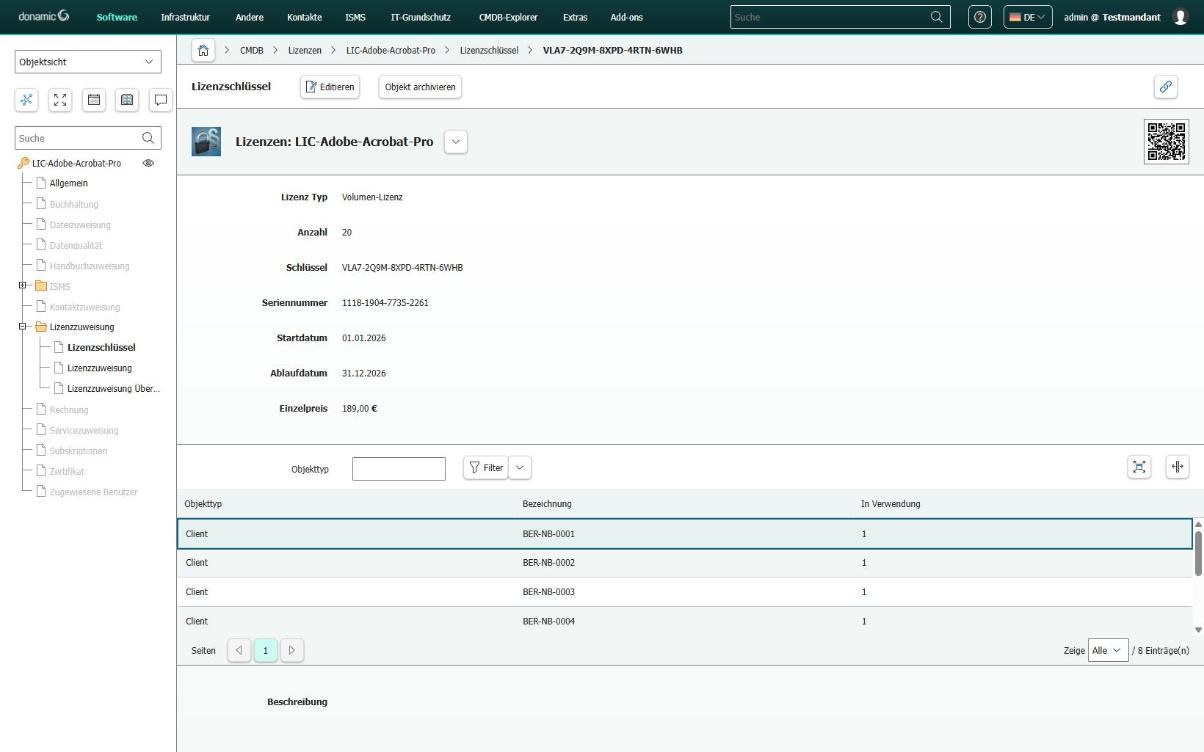 i-doit: Volumenlizenz mit Schlüssel, Laufzeit, Preis und den Clients, auf denen sie installiert ist