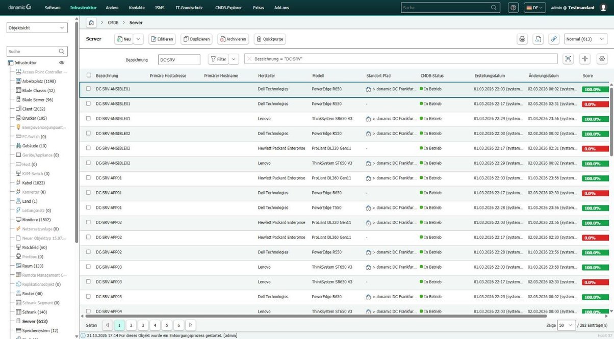 i-doit: Serverliste mit Hersteller, Modell, Standort und Status